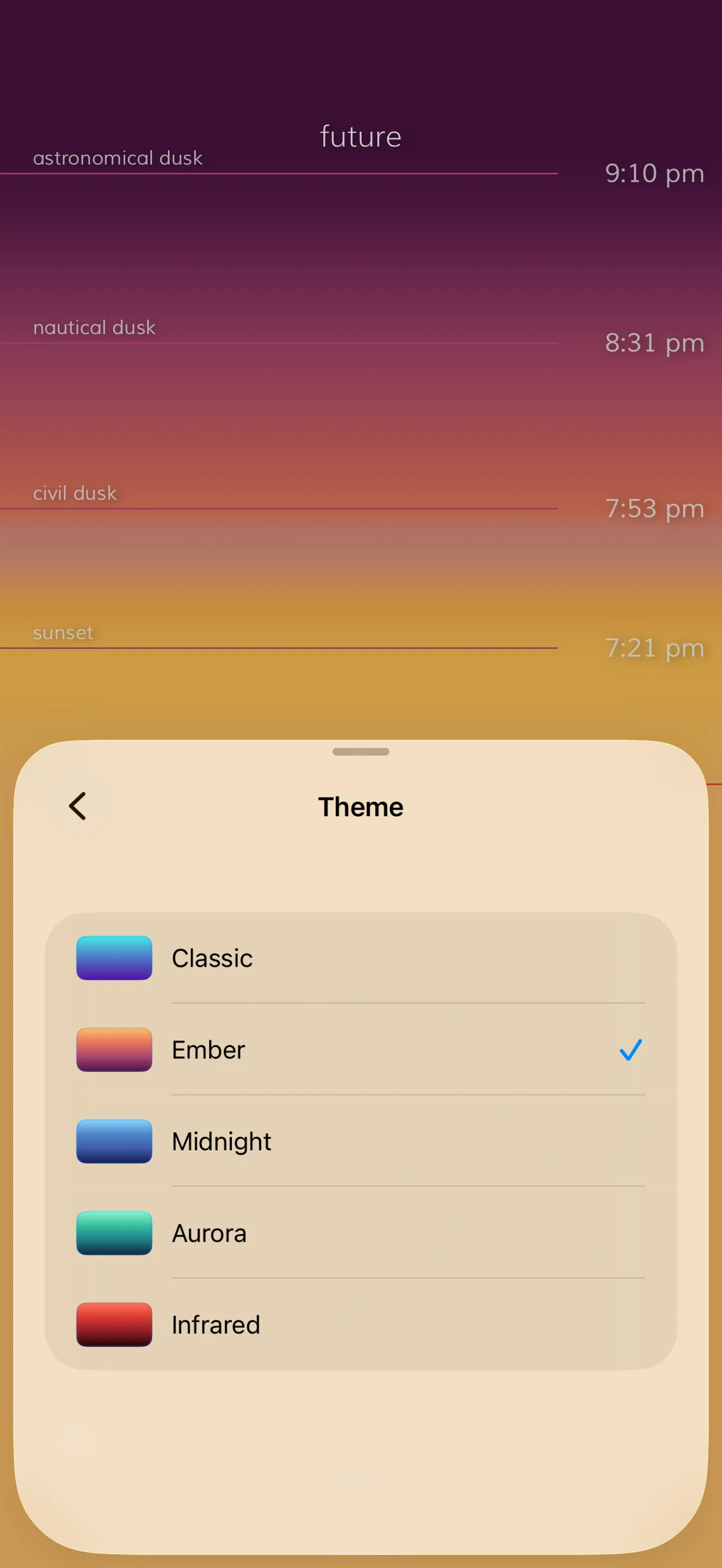 The Solis theme picker with Ember selected and five colour palettes.