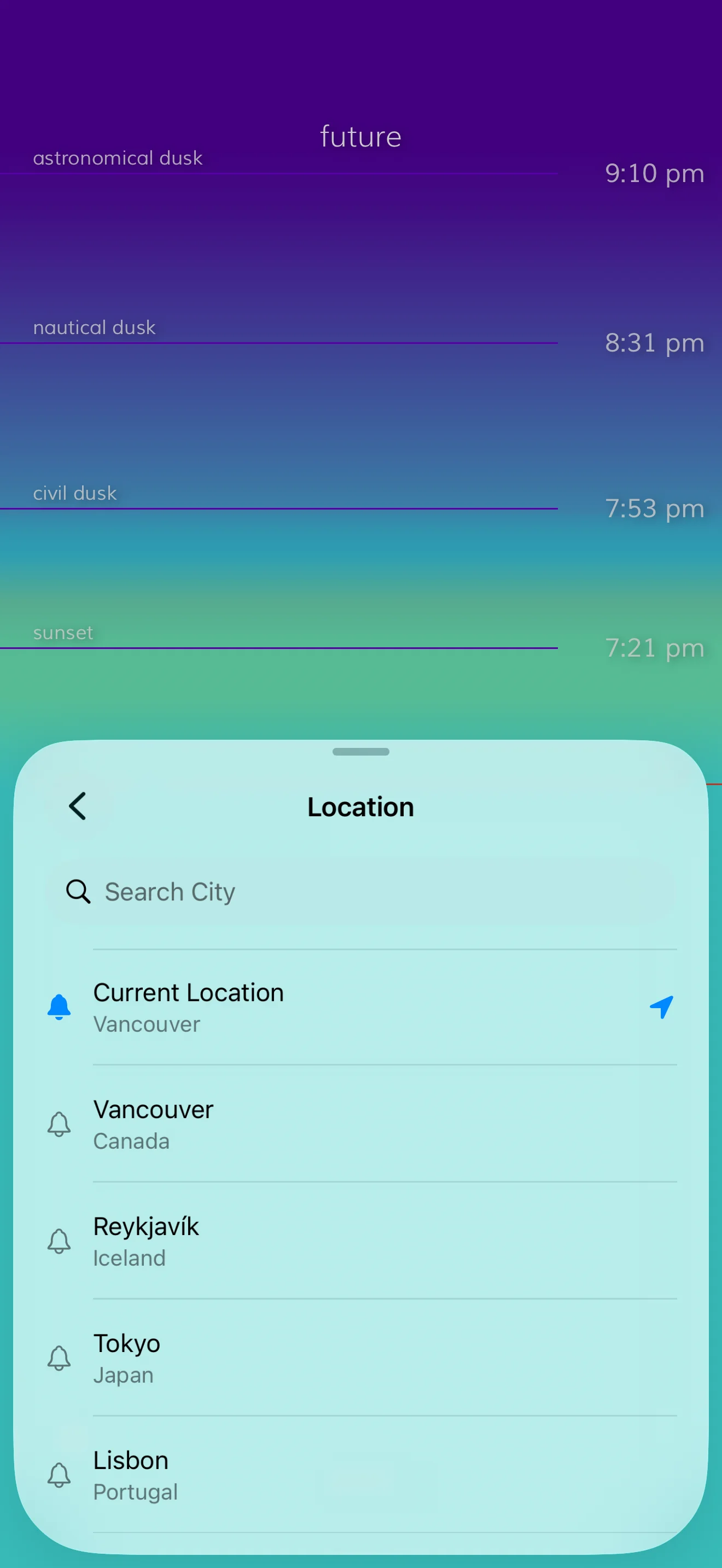 Saved places in Solis: Vancouver, Reykjavík, Tokyo, and Lisbon.