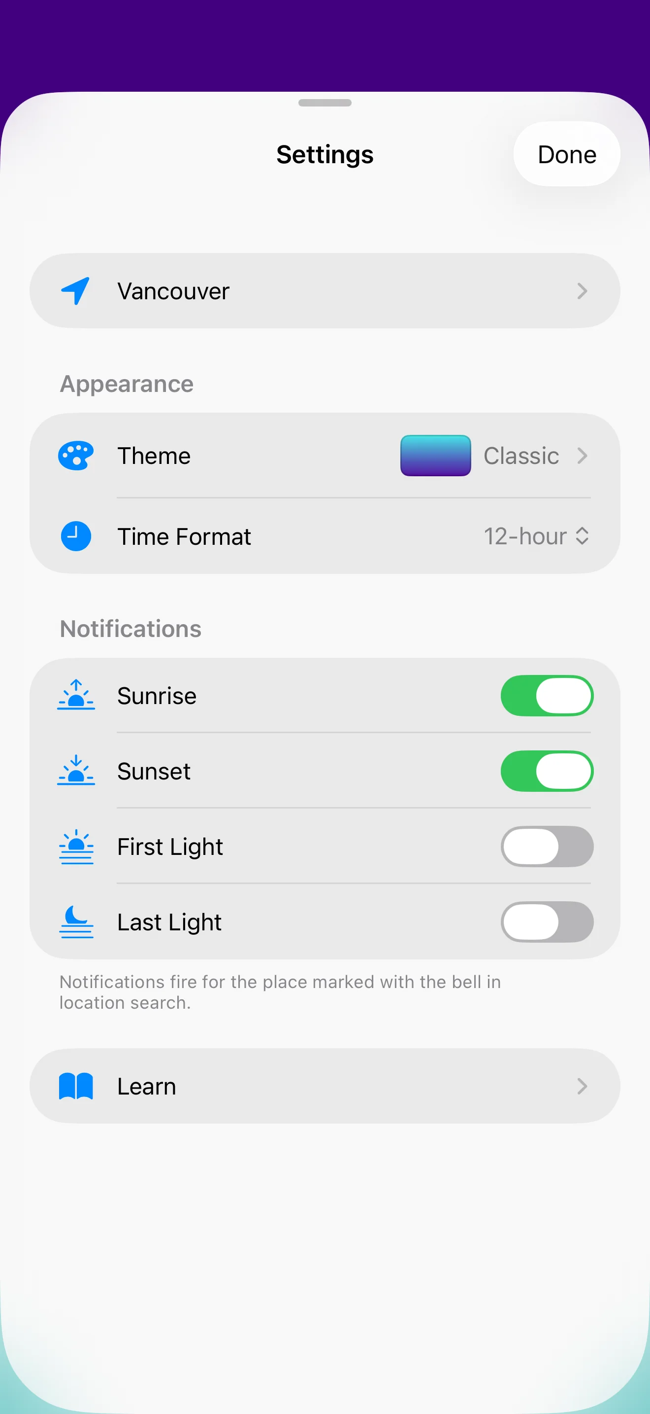 Solis settings with sunrise and sunset notifications enabled.